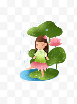 唯美荷花插画图片_元素商用手绘夏季荷花淋雨少女唯