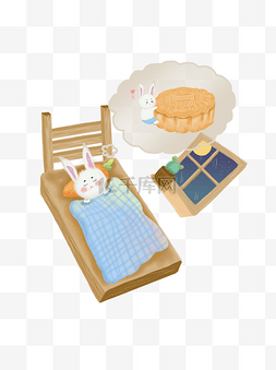 小床手绘图片_手绘中秋节夜晚玉兔睡觉做梦想吃