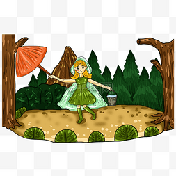 卡通雨水图片_手绘雨水小女孩雨伞可爱树木插画