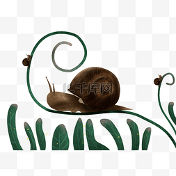 树叶上的蜗牛图片_手绘肌理插画爬上藤条的写实可爱