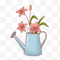 卡通树叶蓝色图片_卡通水壶和粉色花朵百合花PNG免抠