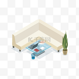 植物卡通盆栽图片_矢量白色2.5d沙发玻璃桌盆栽