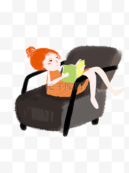 坐在椅子上看书的小女孩psd彩绘插
