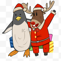 圣诞节麋鹿和企鹅插画