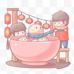 中国传统卡通人物图片_元宵节卡通手绘捞汤圆人物免扣PNG