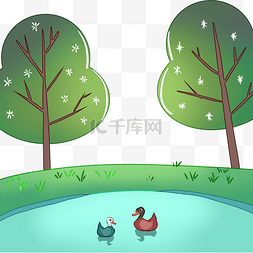 小鸭子插画图片_春天游泳的小鸭子