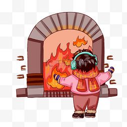 冬季取暖小男孩壁炉手绘插画