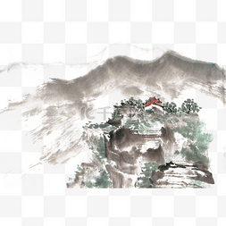 水墨远山意境图片_山顶上的寺庙水墨画PNG免抠素材