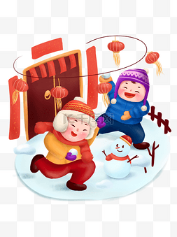 儿童打雪仗手绘图片_打雪仗新年过节喜庆团圆玩耍游戏