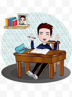 学习桌子卡通图片_手绘卡通男孩在家学习书本文具相