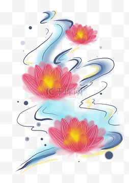 莲水墨图片_中元节鬼节河水和莲花灯