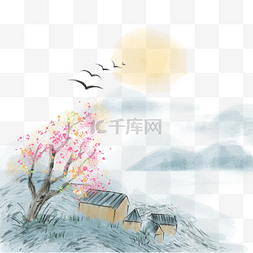 小燕子插画图片_水墨小房子树木插画