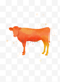 橙色水彩动物图片_手绘水彩动物十二生肖牛