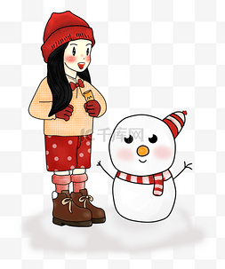 矢量手绘卡通可爱雪人图片_冬季卡通手绘小女孩堆雪人PNG素材