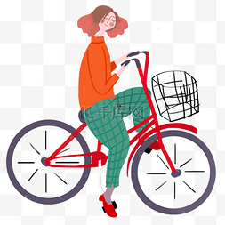 红色手绘少女图片_少女骑单车卡通png素材