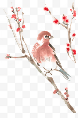 枝头上的小鸟水墨画PNG免抠素材
