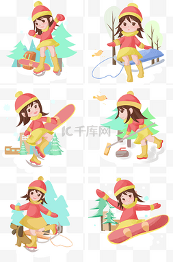 手绘雪地女孩图片_卡通手绘女孩冬日休闲旅游插画