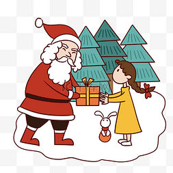 雪地小女孩图片_手绘卡通可爱圣诞节圣诞老人与小