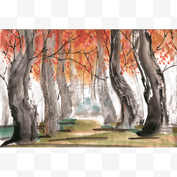红叶手绘图片_秋季的林间小道水墨画PNG免抠素材