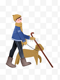 手绘冬天散步的男孩和导盲犬可商