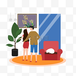 沙发绿植图片_卡通插画风整理画框的情侣