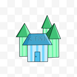 简约简笔蓝色绿色可爱房子