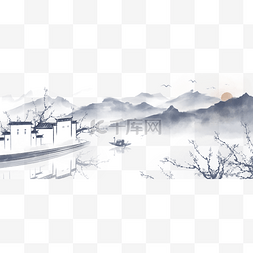 中国风插画图片_中国风手绘水墨风景山水徽派建筑