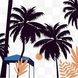 落日插画图片_扁平风格插画手绘热带雨林沙滩海
