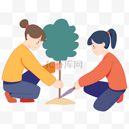 卡通种树图片_卡通手绘植树节女孩开心植树