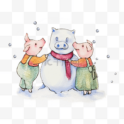 猪堆雪人图片_水彩堆雪人