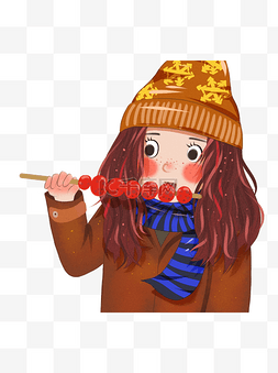 手绘吃糖葫芦图片_立冬吃糖葫芦的女孩插画人物设计