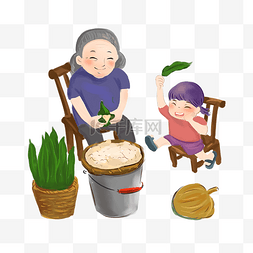 女孩奶奶图片_端午节包粽子插画