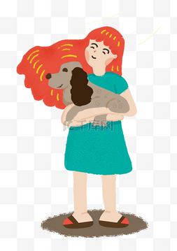 抱着狗的女孩图片_抱着狗狗吹空调的可爱小女孩手绘
