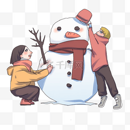 手绘新年堆雪人人物插画