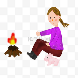 手绘冬季小女生和小兔子篝火边取