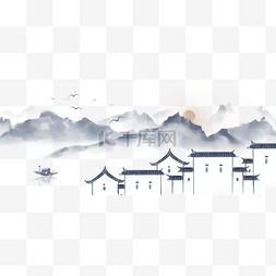 手绘插画风景素材图片_中国风手绘水墨风景山水徽派建筑