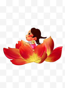彩绘坐在荷花上的小女孩人物素材