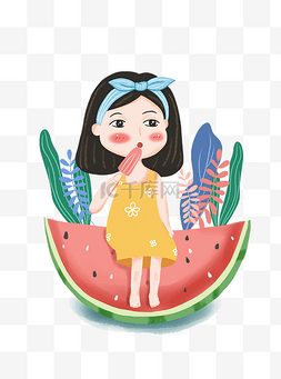 夏日西瓜上吃冰棍的小女孩