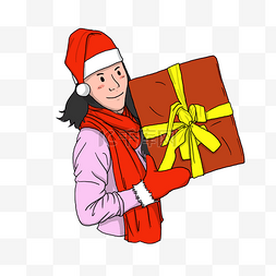 圣诞节带圣诞帽红围巾的女孩手抱