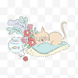 可爱手绘小猫睡觉场景