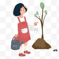 小女孩春天图片_植树节小女孩在植树手绘插画