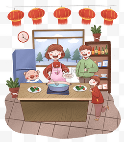 煮人物图片_手绘小清新新春佳节煮饺子的一家
