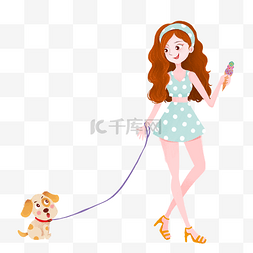 夏天休闲遛狗的女孩插画