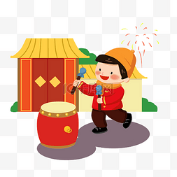 炫彩烟花图片_新年打锣鼓的小男孩