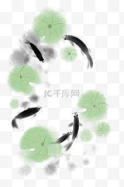 手绘荷叶金鱼水墨插画