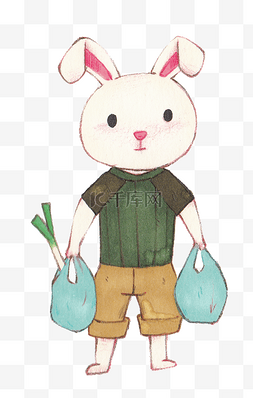 手绘水彩买菜回家的小兔子插画