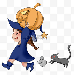 黑猫女巫图片_万圣节可爱的小女巫举着南瓜