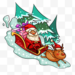 圣诞节圣诞老人送礼物雪橇车手绘