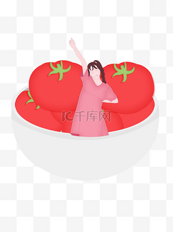 站在西红柿碗里的粉衣服女孩