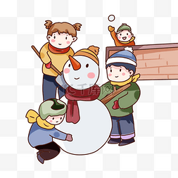 小孩打雪仗图片_手绘卡通冬天堆雪人